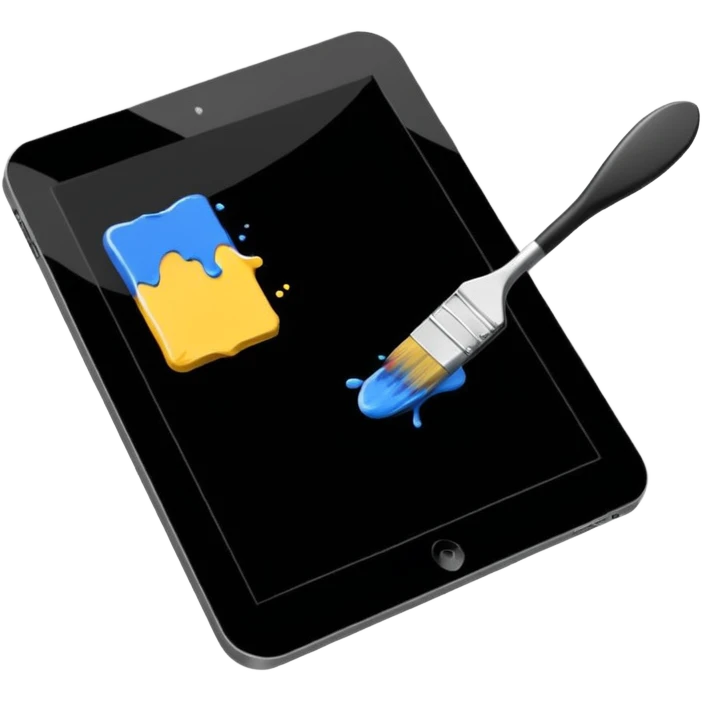 A simple graphic for digital art. A tablet dissolving into pixels with a paint brush or a pallet overlaid. No gradients. Just black on white. emoji