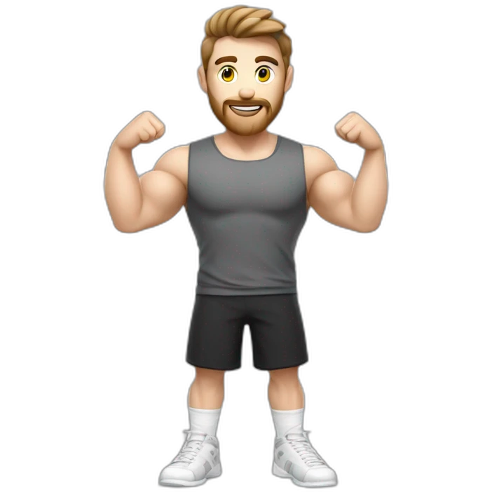 Close up Actively gesturing  with hands Pale skinned Fit Man With the biceps and brown hair in dark gray Sleeveless Mike, black oversize sports shorts, watch and white Sneakers emoji