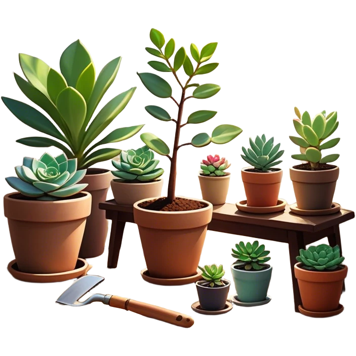 Close-up of a potted sapling in rich soil surrounded by vibrant plants and succulents. Bright sunlight filters through the window, casting soft shadows. Nearby gardening tools rest on a wooden table. Cozy indoor atmosphere with greenery and flowers. emoji