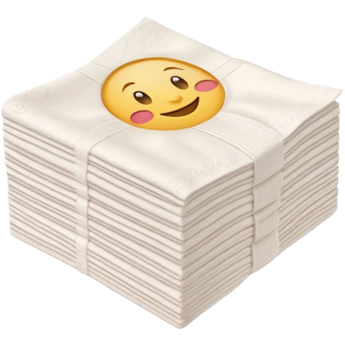 neat stack of soft white paper napkins, rectangular, smooth edges, faint embossed border, top napkin slightly lifted, soft lighting, subtle shadows, emoji scale emoji