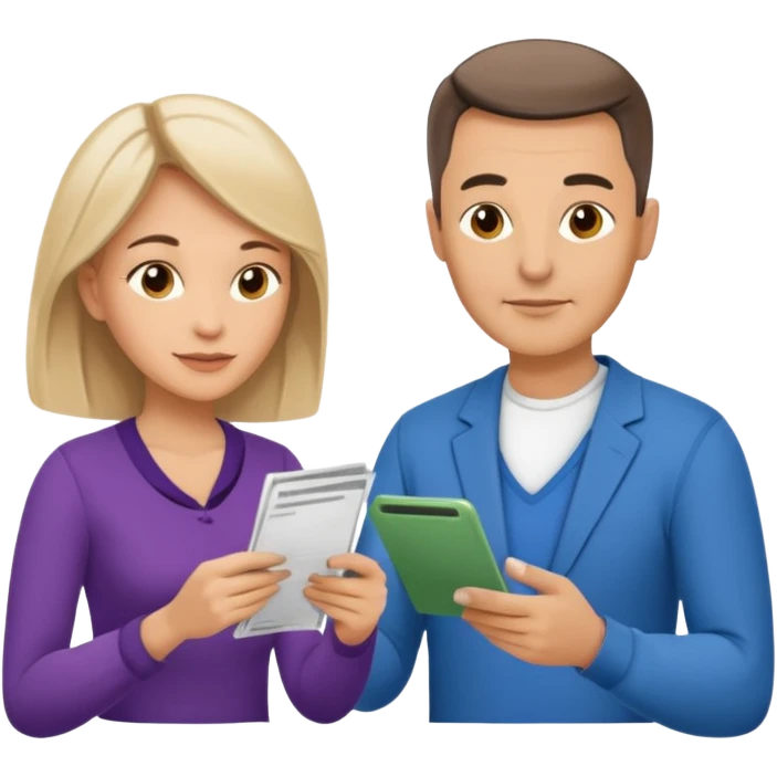 casually dressed stylish  looking husband and wife in their 40s avatars reviewing their finances together  emoji