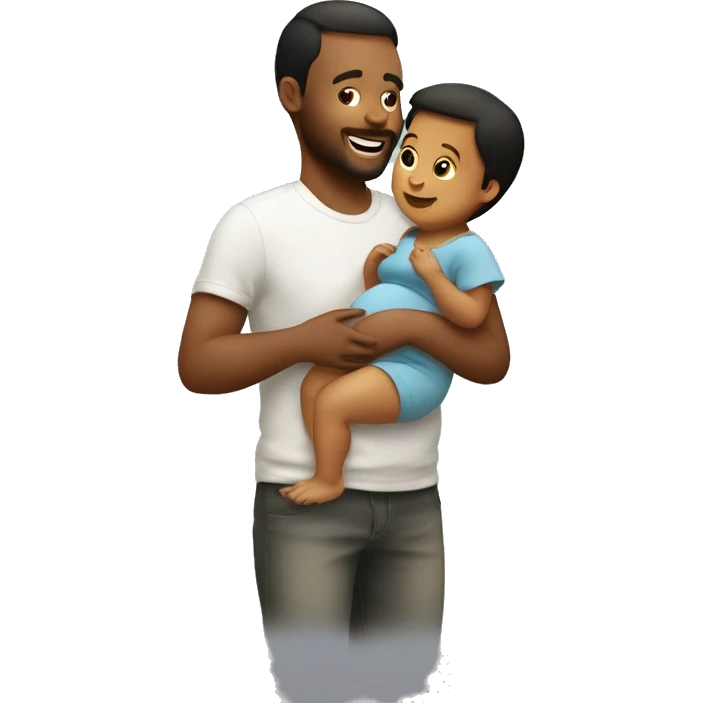 Pregnant man holding his toddler on his arms while his toddler plays with dads pregnant belly emoji
