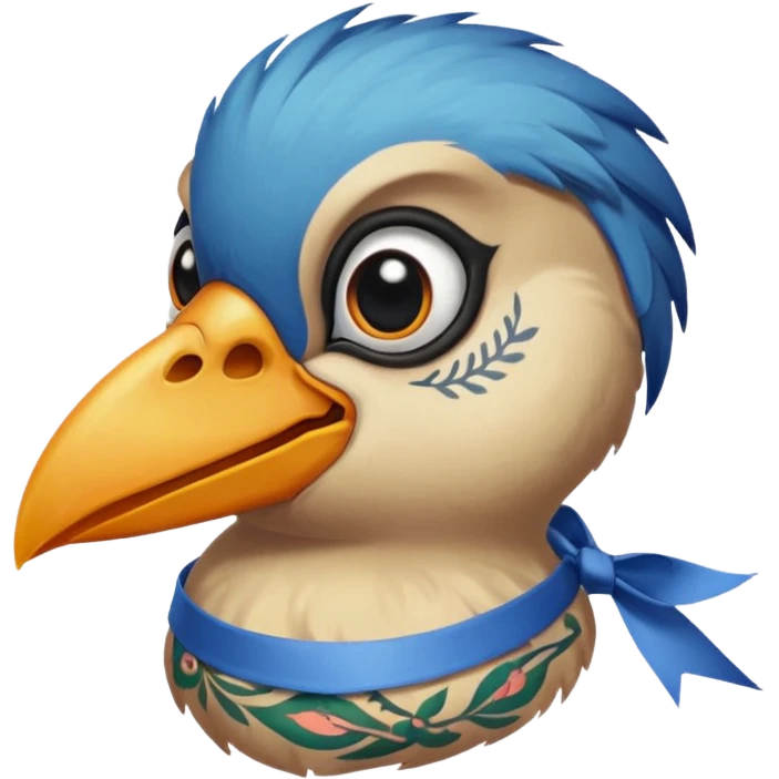 bird with piercings on beak and excessive face tattoos and ribbon two eyes emoji