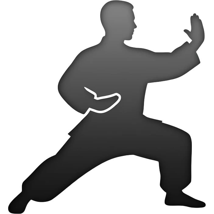 iOS-style emoji sticker representing wushu martial arts, cute minimal 3D glossy emoji style, dynamic silhouette of a martial artist in a kung fu pose, flowing movement feel, simple clean design, centered composition, white or transparent background, soft lighting, no text, no detailed background. emoji