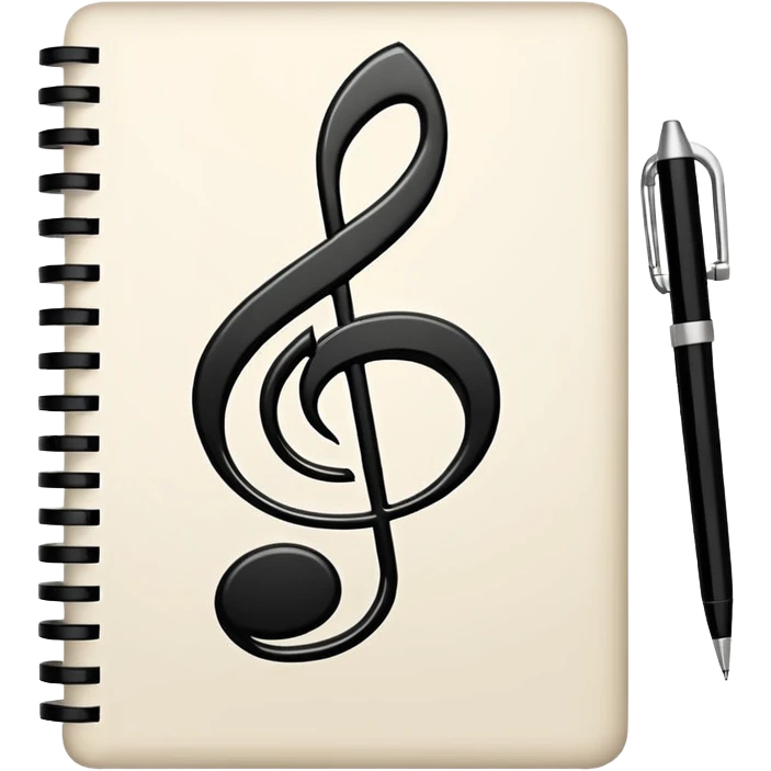 Minimalistic flat vector icon, iOS style, thin black contour on white background. Small notebook with a musical note on the cover, a pen placed next to it. Clean, modern, no text, no shadows. emoji