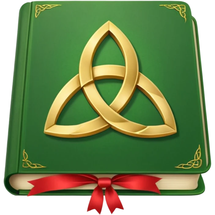 a green closed book with a golden triquetra on it with a red ribbon between the paged emoji