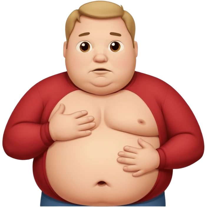 a cartoon fat man holding his stomach while looking confused? emoji