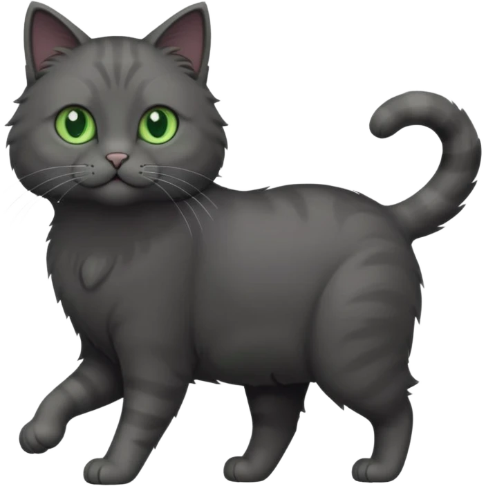 full body solid dark grey cat with green eyes, white paws and white whiskers walking emoji