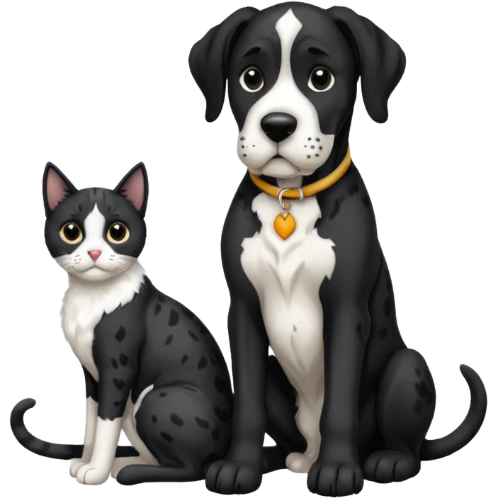 Black and white great dane dog sitting with a black and white cat emoji