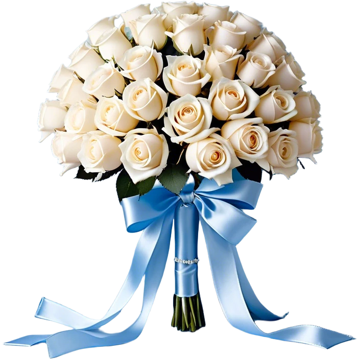 Against a soft, misty blue satin backdrop, a luxurious bouquet of powder blue and ivory roses is elegantly tied with a wide, flowing pearl-white silk ribbon that cascades gently onto the surface. Floating gracefully above the bouquet, a cluster of metallic pearl balloons in shades of silver-blue and soft champagne reflects the ambient light, casting a delicate shimmer. A few loose rose petals rest on the fabric and light blue background  emoji