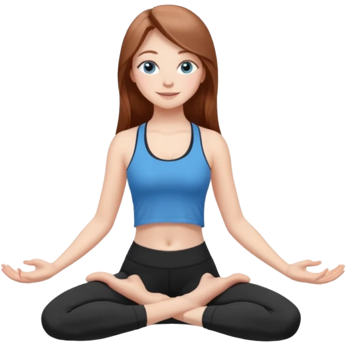 A girl with fair skin and a natural blush. Eyes are large, expressive, blue. Hair is long, straight, chestnut-colored. The smile is soft, friendly, doing yoga in a black top and leggings in a popular pose emoji