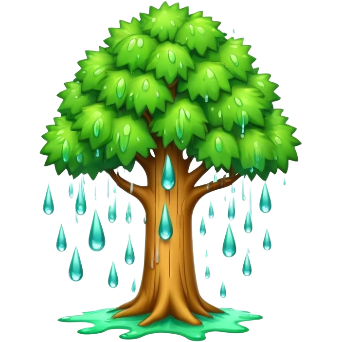 a cartoon tree with trunk intact, top exploding into rain droplets emoji