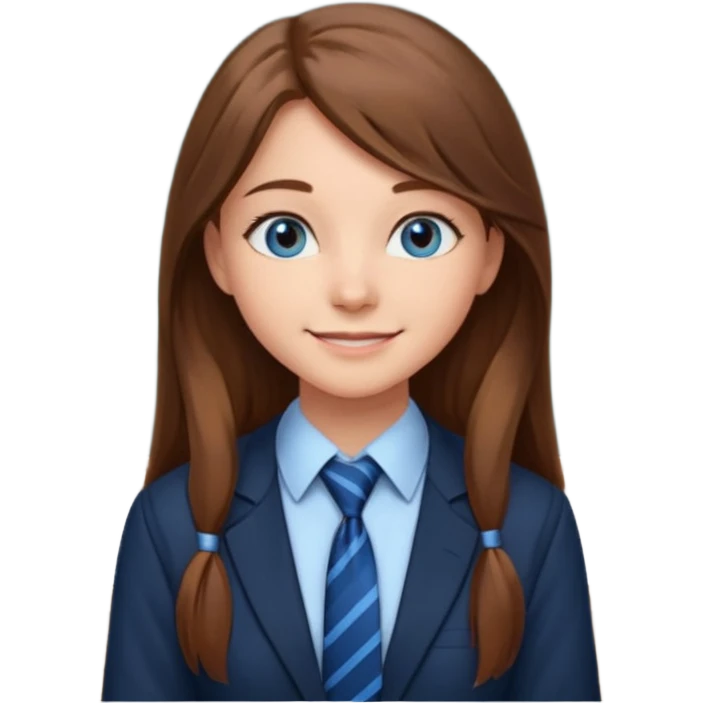 high school class room with a pretty female high school student with long brown hair, blue eyes, wearing a tie, sitting in front of the blackboard emoji