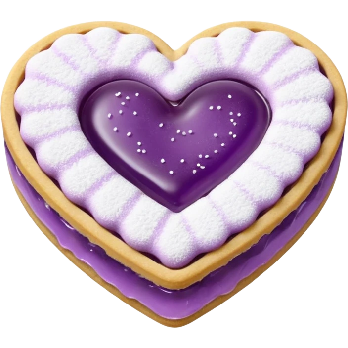 Realistic shortbread cookie in the shape of a heart with purple pastel jelly middle filling and sprinkled powder sugar on top. emoji