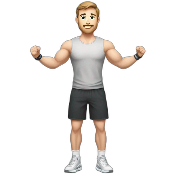 Full height Actively gesturing with hands Pale skinned Fit Man With the biceps and brown hair in dark gray Sleeveless Mike, black oversize sports shorts, watch and white Sneakers emoji