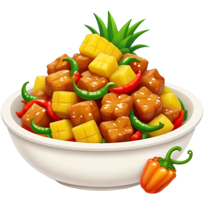 Sweet and Sour Pork with pineapple and bell peppers, simplified emoji style with bold outlines and bright colors, cartoon style Gu Lao Rou popular dish emoji