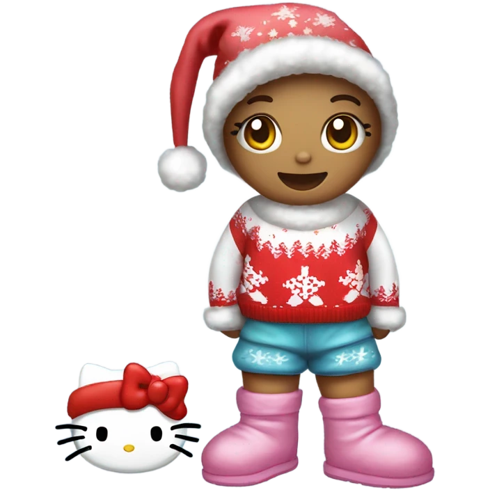 hello kitty wearing a hello kitty Christmas sweater sweats and uggs with a Santa hat on emoji