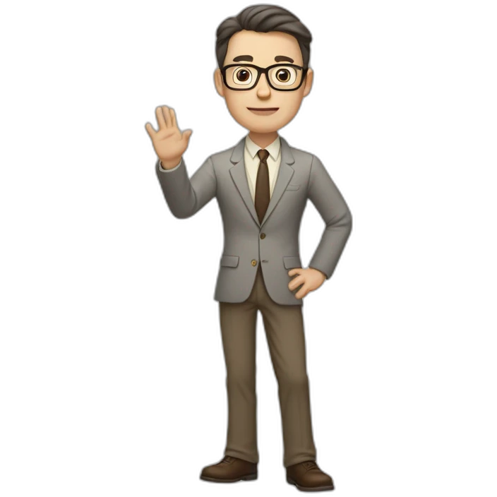 Full height Actively gesturing with hands Pale skinned fit man with dark brown hair in gray jacket, beige office shirt, brown tie, brown pants and vintage glasses. emoji