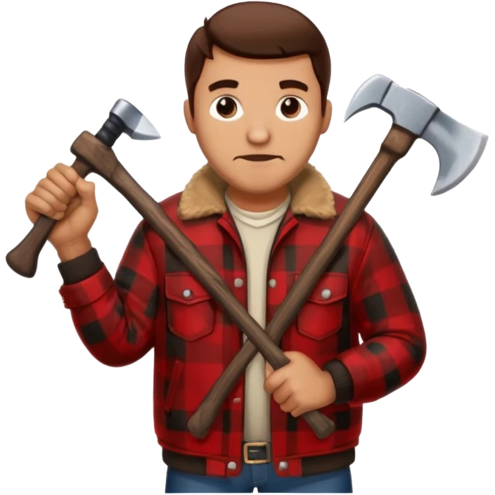 Man wearing buffalo plaid jacket with an axe emoji