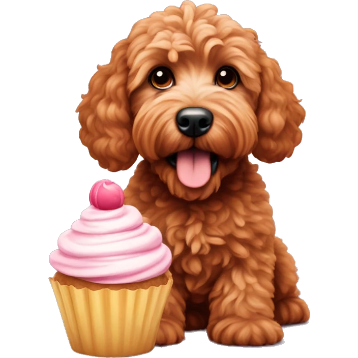 Mini red goldendoodle with cupcake  emoji
