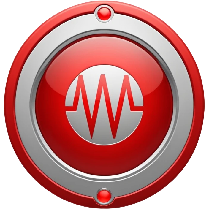 Minimalist medical technology logo. White background. A clean circular shield shape in light gray. Inside the shield — a sharp red signal line forming abstract letters “AI”, resembling a medical alert waveform but not a classic ECG.  emoji