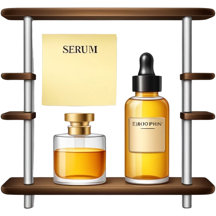 luxury serum bottle with luxury brand label on a shelf, blank sticky note next to it emoji