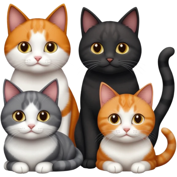 4 different coloured short haired cats including; a dark brown and white cat, and a dark grey and white  emoji