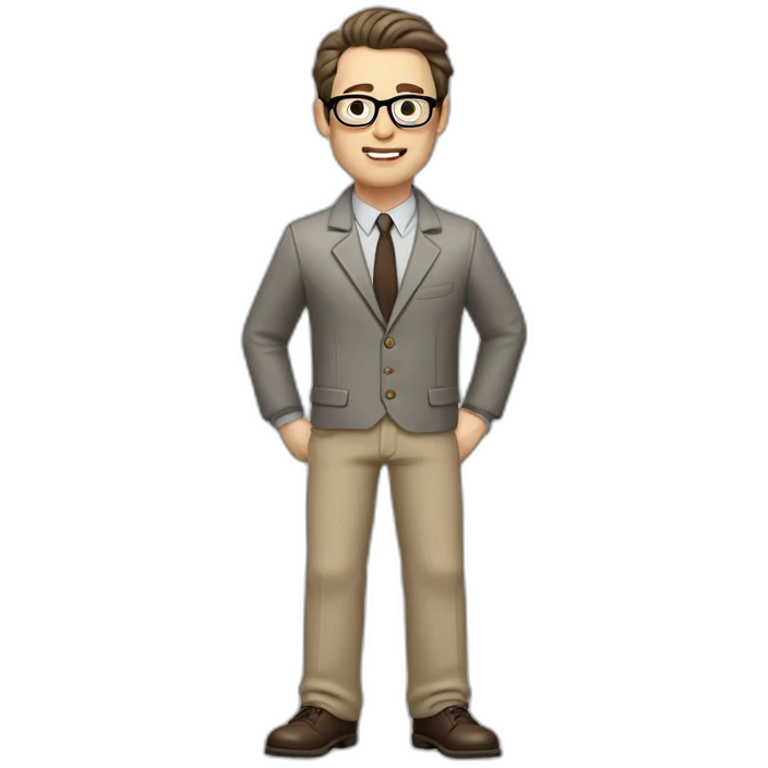 Full height Gesticulating Pale skinned fit man with dark brown hair in gray jacket, beige office shirt, brown tie, brown pants and vintage glasses. emoji