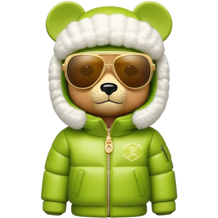 sleek bearbrick with lime balaclava covered in logo graffiti, futuristic single continuous visor sunglasses as one solid piece, no eye division, luxurious voluminous puffy coat with fur trim, gold chain accessories emoji