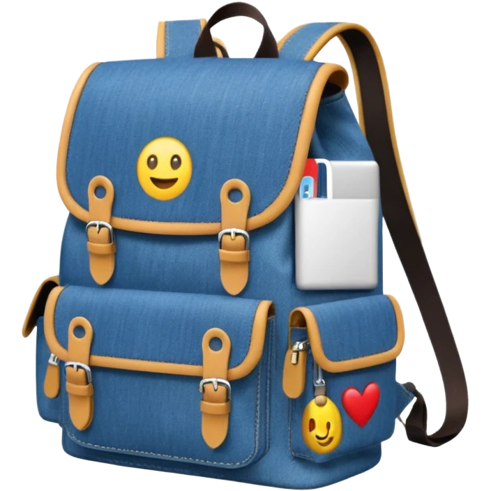 An emoji-style blue denim backpack with a flap top and one small buckle straps attached only on the flap, not connected to the front panel. No front pockets or vertical straps below the flap. Clean and minimal design with two side pockets. 



 emoji
