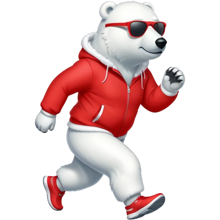 friendly anthropomorphised polar bear jogging upright, wearing bright red tracksuit and dark sunglasses emoji