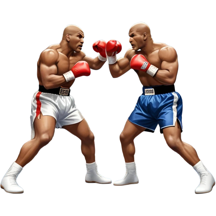 An intense boxing match between Mike Tyson and Evander Holyfield in the ring. Tyson is delivering a powerful uppercut, while Holyfield is poised for a counterattack. The background features a packed arena with bright lights and electrifying atmosphere. Transparent background emoji