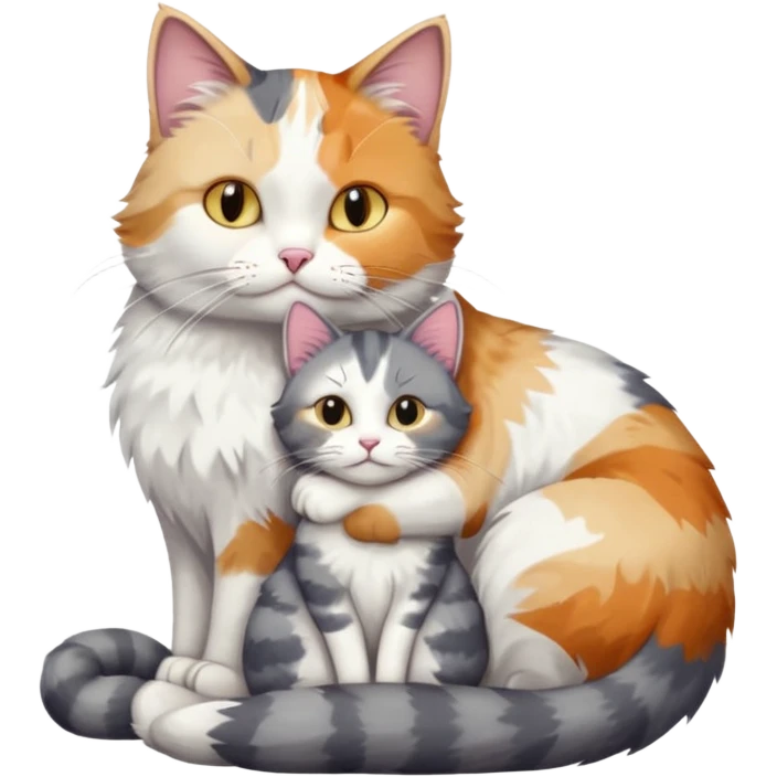 full body colourful light patched calico + white tabby cat cuddling a grey and white cat  emoji