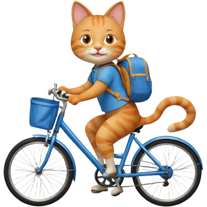 A cat is riding a bicycle and wearing a backpack. emoji