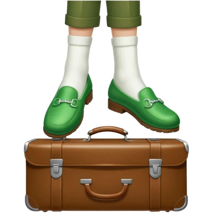 Feet with white socks wearing green slippers standing on a briefcase emoji