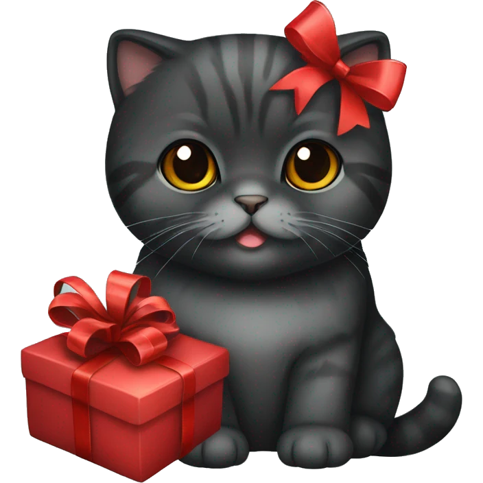 Black scottish fold cat with red gift bow  emoji
