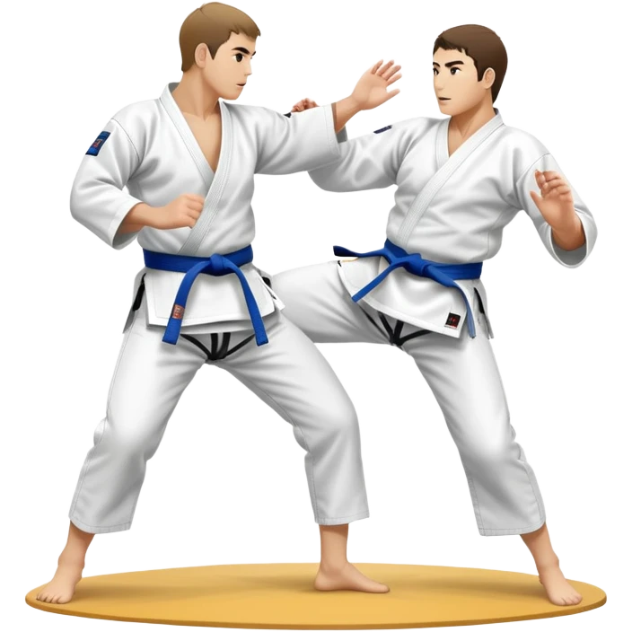 Two judo practitioners in traditional gi, one executing a powerful throw while the other is countering with a defensive move. The background features a judo mat and a focused dojo atmosphere. Transparent background highlights the precision and technique of judo. emoji