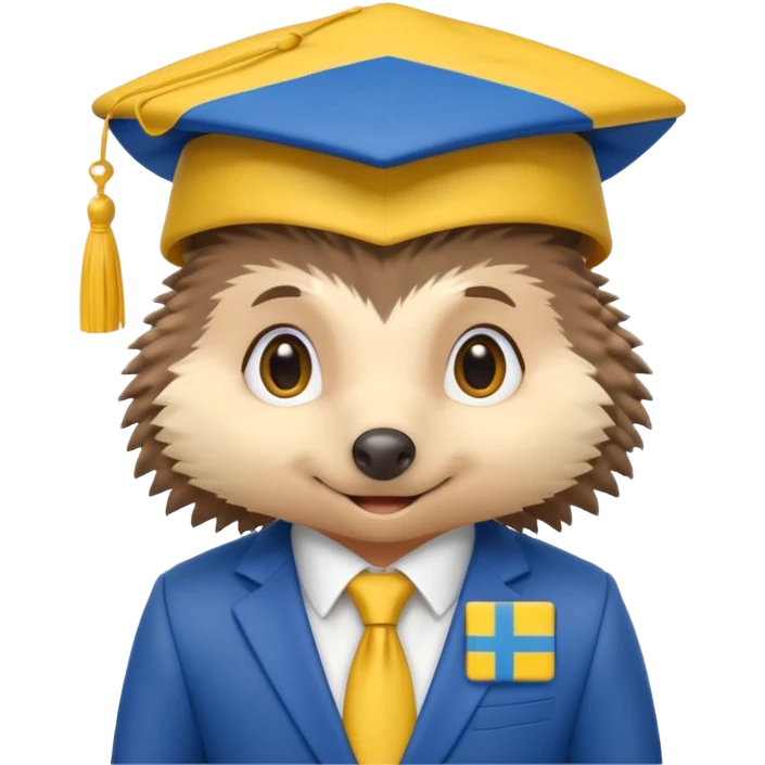 A hedgehog student in a suit in the color of the Ukrainian flag in a square academic cap emoji