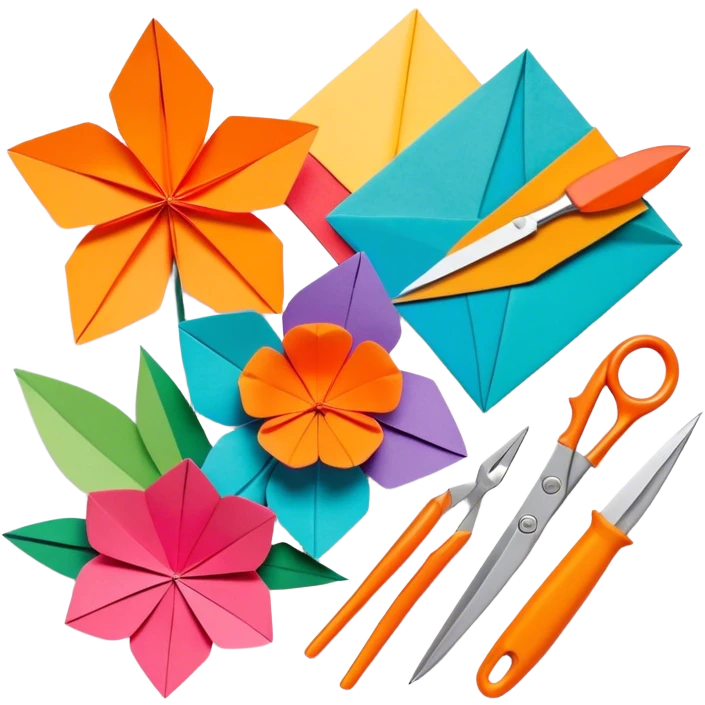 Paper crafting icon, various paper crafts like origami, 3D paper flowers, and scrapbooking materials, visible tools such as scissors, glue stick, and colour paper sheets, colorful paper patterns, minimalistic style, clean lines, transparent background. emoji