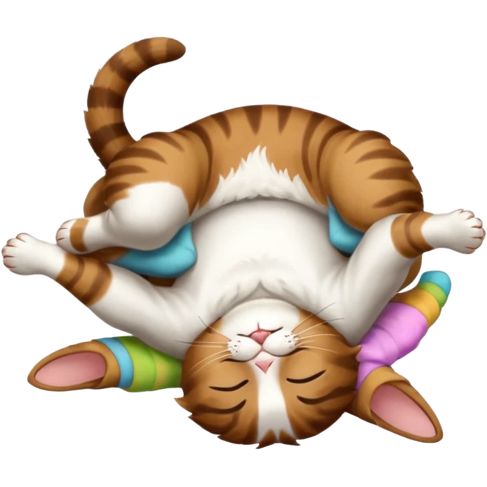 dark brown tabby and white cat in funny positions upside down with eyes closed emoji