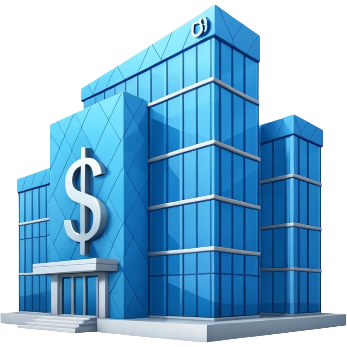 blue bank building with the $ symbol emoji