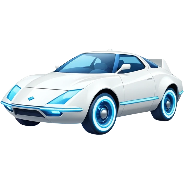 Futuristic retro hover white car with sharp angular design and glowing blue wheels, front view, flat vector style, minimal color palette with subtle blue highlights emoji