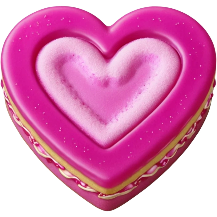 Realistic shortbread cookie in the shape of a heart with Fuchsia color jelly middle filling and sprinkled powder sugar on top. emoji