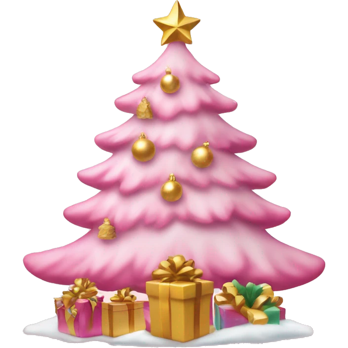 pink christmas tree frosted with presents and gold emoji