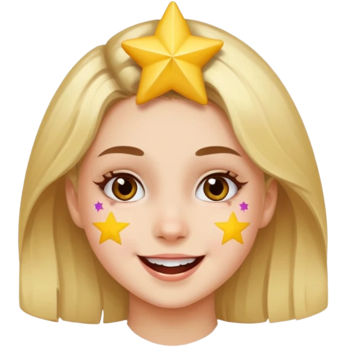 A girl with star-shaped cheek paint, cheering with bright eyes. emoji