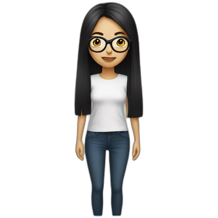 une fille avec de long cheveux noir lisse, et avec des lunette (en forme de carrer un peu déformé) assez grosse comparer a ça tête , portant un pull noir emoji