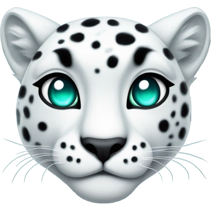 Vicious white snow leopard with black spots and entirely teal glowing eyes with no pupil  emoji