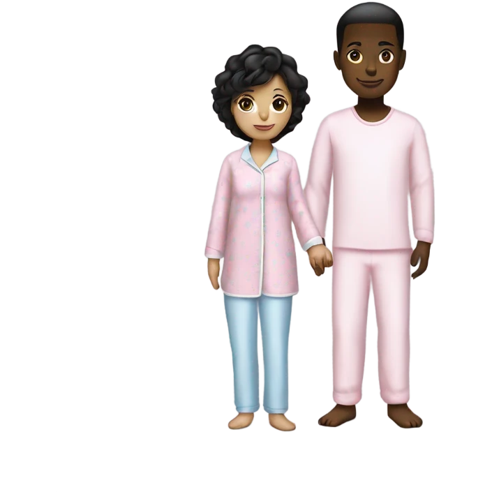 Pyjama party with a black boy on a light blue pajama and a white girl in light pink pajama emoji
