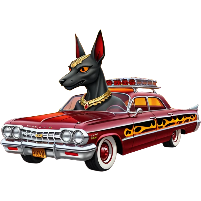 Satans Hot rod custom 1964 impala low rider four door Anubis theme painted hood flaming side-mounted chrome pipes driving straight to hell  emoji
