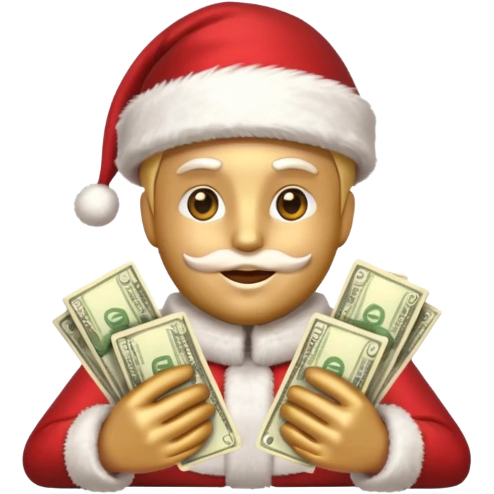 A confident rich emoji face wearing a Santa hat, money stacks, casino vibe, New Year theme, premium 3D emoji style, sharp details, no text, isolated on transparent background emoji